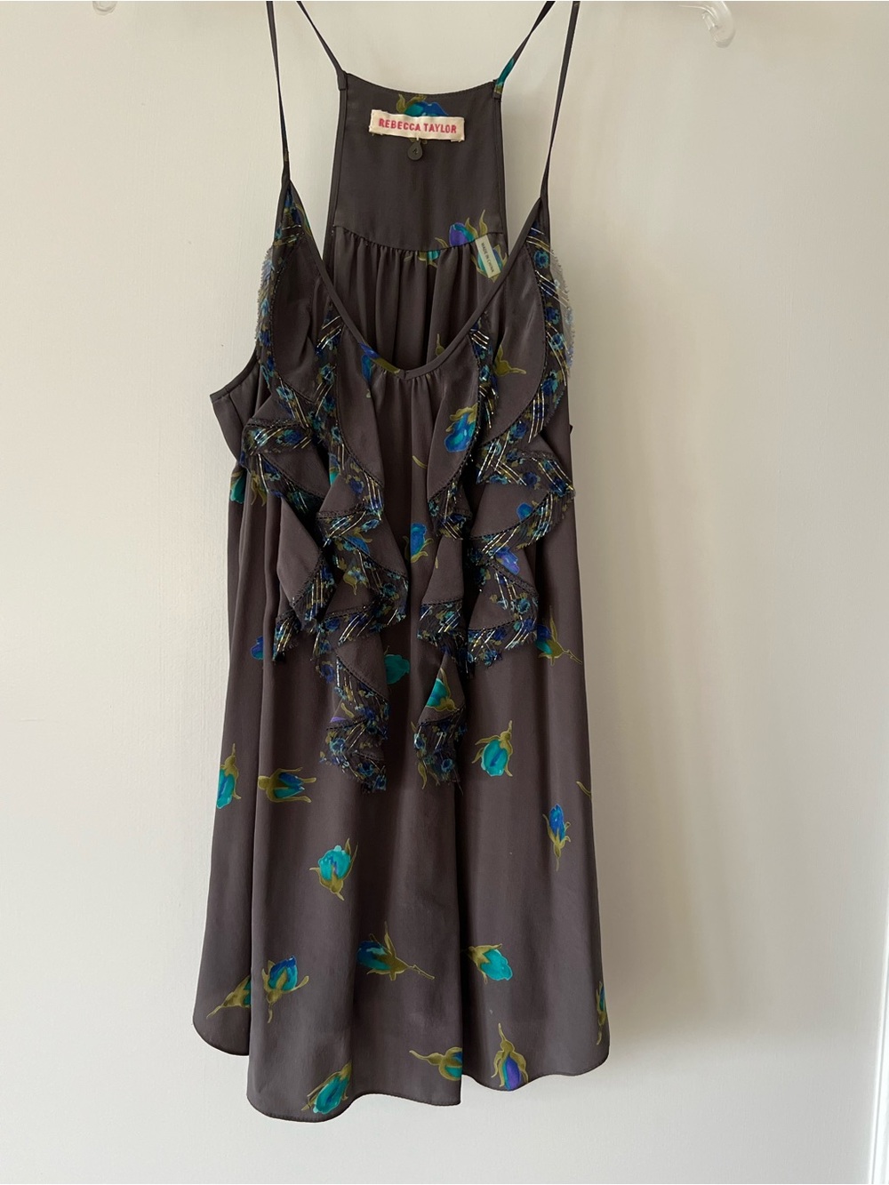 Rebecca Taylor Charcoal Slip Dress with Teal and Blue Floral Accents